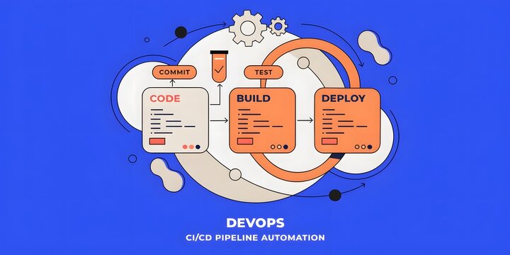 Dev Ops C I/ C D pipeline automation flowchart with code build test deploy on blue background DevOps