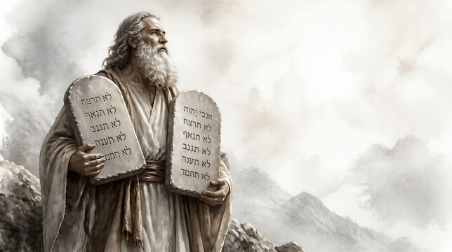 Moses holding the stone tablets of the ten commandments. Bible scene concept. Artistic minimalist art with copy space.