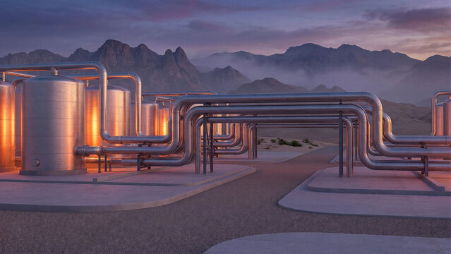 Industrial pipeline network and metal storage tanks at sunset 3d render in desert mountain landscape for oil gas energy refinery and geothermal power plant concept visuals