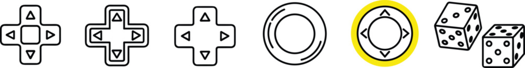 Set of black and white line icons featuring directional d-pad controllers game navigation buttons circular joystick controls and a pair of gaming dice © Nafij World