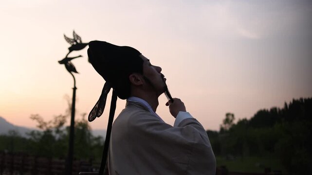 Ancient poets lost in thought at dusk