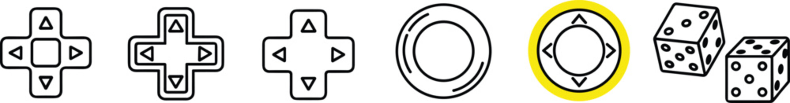 Set of black and white line icons featuring directional d-pad controllers game navigation buttons circular joystick controls and a pair of gaming dice