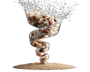Obraz premium Cereal Dispersion: A dynamic visual of breakfast cereal pieces swirling and dispersing from a clear, spiral-shaped funnel onto a bed of cereal grains, creating an abstract and energetic composition.