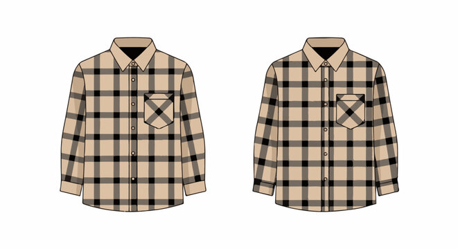 Two tan plaid long-sleeved button-up shirts with pocket details