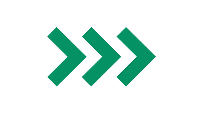Three green arrows pointing right on white background, symbol for progress, direction, movement