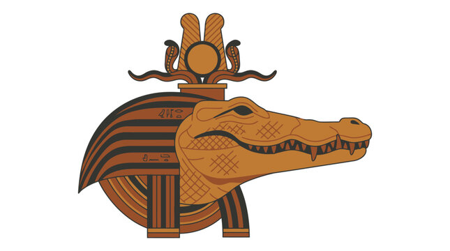 Ancient Egyptian Crocodile Deity Sobek Symbol, Hieroglyphs, Sun Disk, White Background