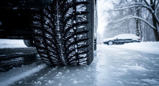 Closeup of car tire on snowy road with ice and snowflakes on tread