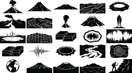 Geology and volcanology silhouettes with erupting volcano, lava flow, tectonic plates, fossils, geodes, geysers, and Earth icons © Hello World