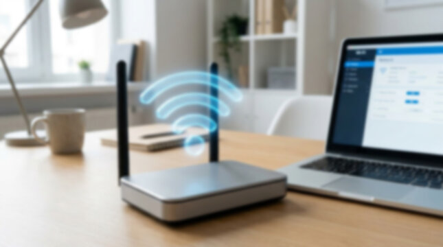 Soft focus blurred photo of Wireless internet router device with a glowing wifi signal icon on a wooden office desk next to a laptop computer for home or business network connection