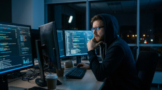 Soft focus blurred photo of Young man programmer wearing a hoodie working on computer code at night in a dark office with city lights reflecting in the window behind his desk
