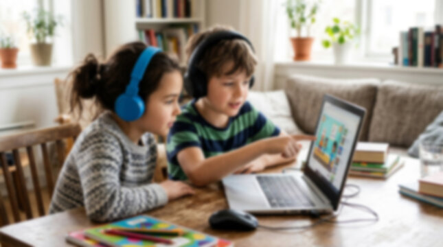 Soft focus blurred photo of Two young children wearing headphones studying together using a laptop at home in a bright living room for remote learning and online education