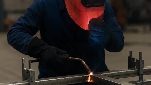 Closeup medium shot of a skilled welder using jigs to secure and weld frame components highlighting accurate control of distortion in structural weldments