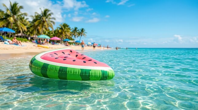 Watermelon inflatable floating on water. Summer background with copy space, playful seasonal design with bright color blocking and strong appeal for summer promotion, beach campaigns and festive