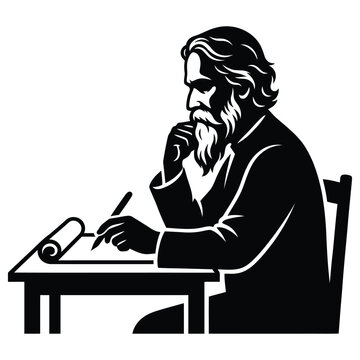 Rabindranath Tagore silhouette vector illustration, poet and philosopher writing at desk