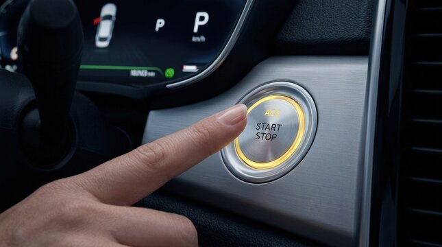Step by step car start with push button switching from accessory to ignition, modern automotive technology concept and keyless driving alternative for transport branding, clean close up composition,