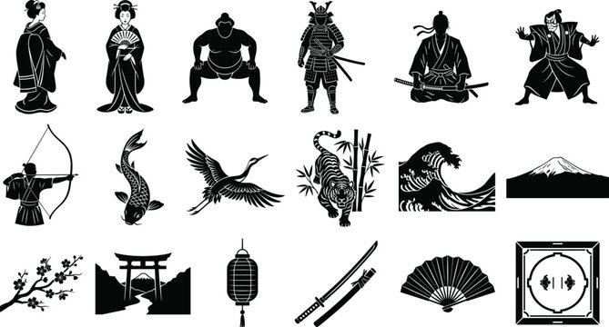 Japanese culture silhouettes with samurai, sumo wrestler, koi fish, Mount Fuji, cherry blossoms, torii gate, and traditional symbols