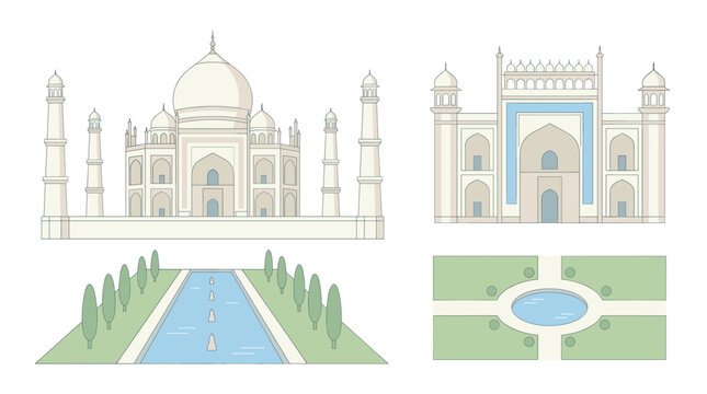 Collection of taj mahal architecture elements vector with main building dome gate and beautiful garden layout.