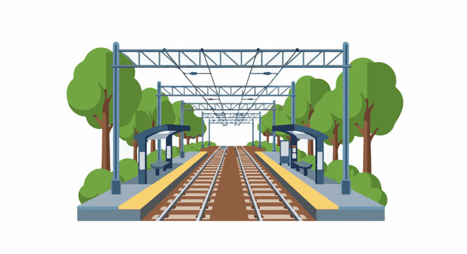 A train station with tracks, platforms, overhead wires, and trees