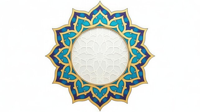 Decorative islamic style circular frame with blue and gold floral petal border