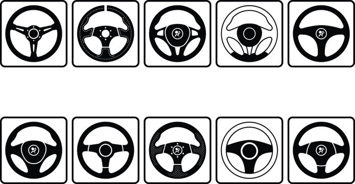 Steering wheel icons set showing car driving control symbols in black and white vector style