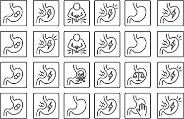 Fototapeta premium Stomach and digestive system line icon set showing pain, medication, toxicity, balance, and abdominal interaction symbols