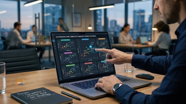 Business market positioning analysis with scatter matrix chart on laptop, finger selecting a data point for competitive analysis, product positioning strategy and market research visualization, clean