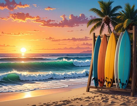 Surfboards on a beach as the sun sets over the ocean