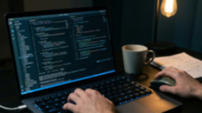 Soft focus blurred photo of Programmer typing code on a laptop screen at night with a coffee cup and paper on a dark desk in a home office environment