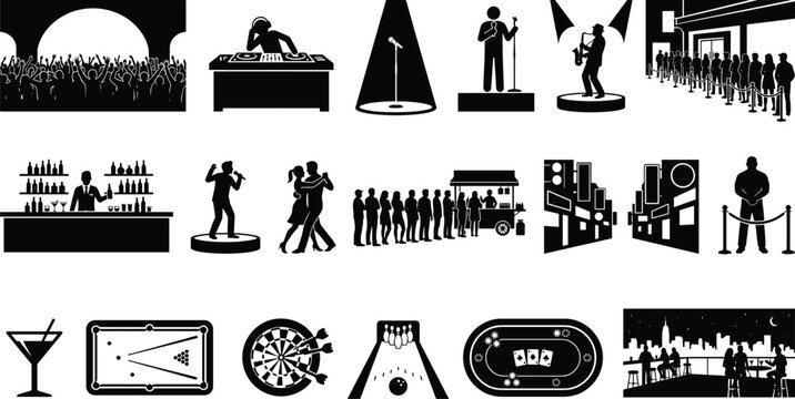Nightlife and entertainment silhouettes with concerts, DJs, comedians, dancing, bars, games, and urban leisure activities