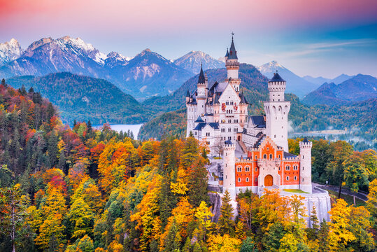 Iconic Neuschwanstein Castle and beautiful autumn Bavarian landscape, Germany.
