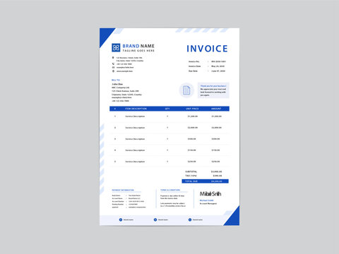 Modern blue corporate invoice template. Professional business billing document layout. Bill statement and financial receipt