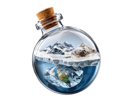 World in a Bottle: A miniature world, featuring icy mountains and a chunk of the Earth, is encapsulated within a clear glass bottle, sealed with a cork, symbolizing preservation and fragility.