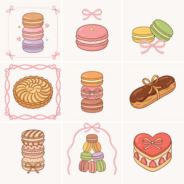 Hand drawn french macaron and pastry vector set, pastel dessert illustrations with macarons, eclairs and tarts, sweet bakery icons for cafe menu