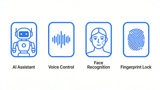 Robots, sound waves, and facial fingerprints represent AI intelligent biometric recognition, suitable for smart devices and security access control systems.
