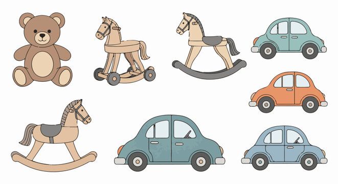 A collection of classic children's toys including rocking horses and vintage cars