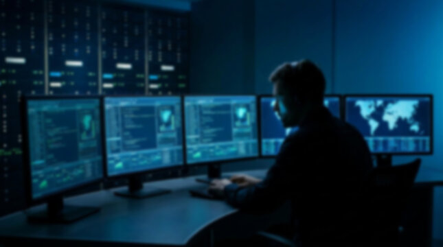 Soft focus blurred photo of A male software developer working at night on multiple computer screens in a dark office with data and world maps displayed on the monitors