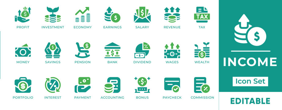 Income Finance Profit Investment Earnings Salary Revenue Savings Pension Dividend Wealth Portfolio Accounting Vector Icon Set