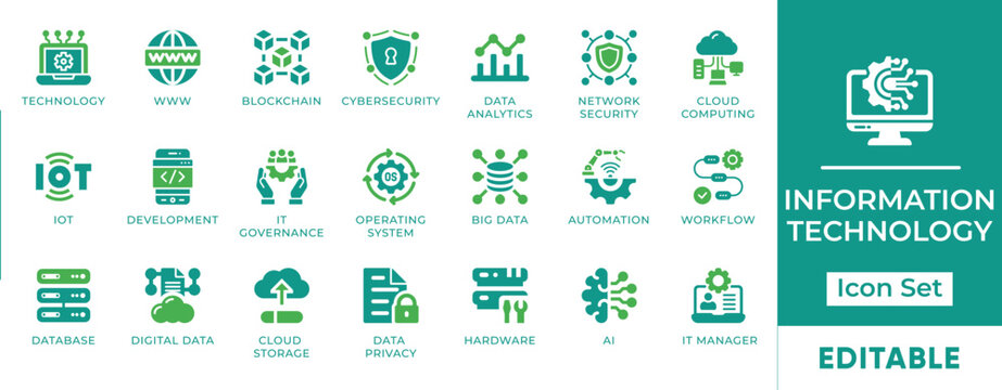 Information Technology Cybersecurity Cloud Computing Blockchain Big Data Hardware Vector Icon Set