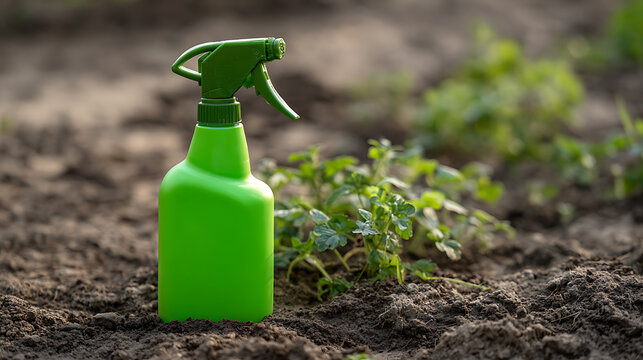 Bright Green Plastic Spray Bottle Stand on Fertile Dark Soil next to Lush Green Plants in a Sunny Outdoor Garden Setting