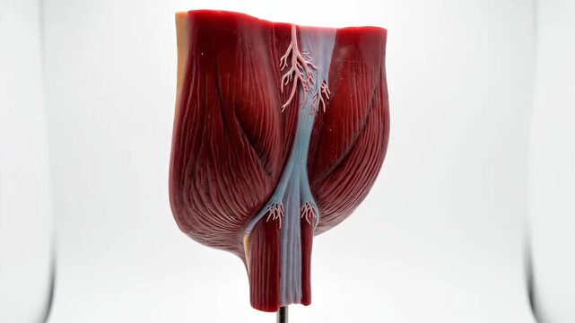 Anatomical model of human thigh muscles and nerves on white background