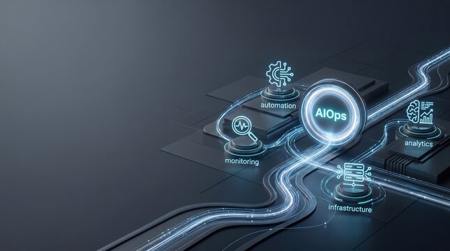 AIOps concept with glowing digital icons for monitoring automation analytics and infrastructure on dark background, it management, artificial intelligence, data processing.