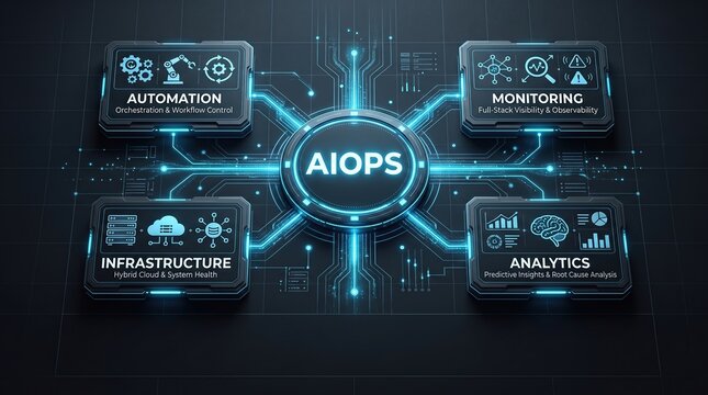AIOps digital dashboard with automation monitoring infrastructure and analytics interface, artificial intelligence operations, network management, data processing.