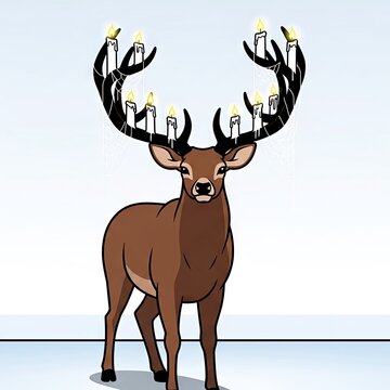 Cartoon deer with candle antlers standing on light background  