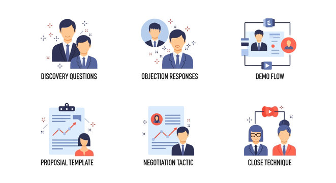Business Sales Process Icons: Discovery, Objections, Demo, Proposal, Negotiation, Closing