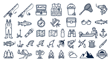 Fishing Gear and Icons Collection: Rods, Reels, Lures, Fish, and Camping © Sandal
