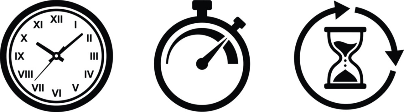 Time icons set featuring analog clock with roman numerals, stopwatch timer, and hourglass with circular arrows in black outline vector style