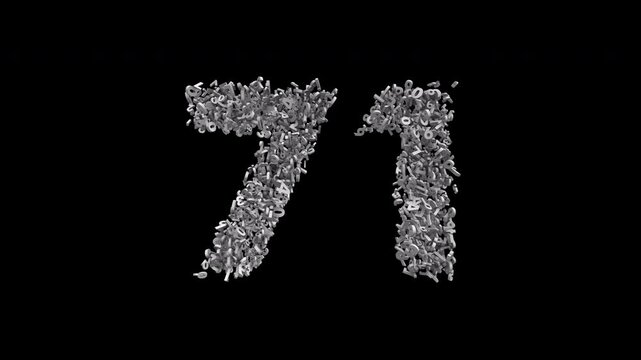 Number 71 Formed by Small Digits Animation with Alpha Channel. Typographic Number Formation Effect. Digital Number Made of Numbers. 3D Font Typographic Animation. Transparent BG