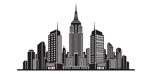Black Silhouette of a Modern City Skyline with Tall Skyscrapers and a Central Iconic Tower © Iqbal
