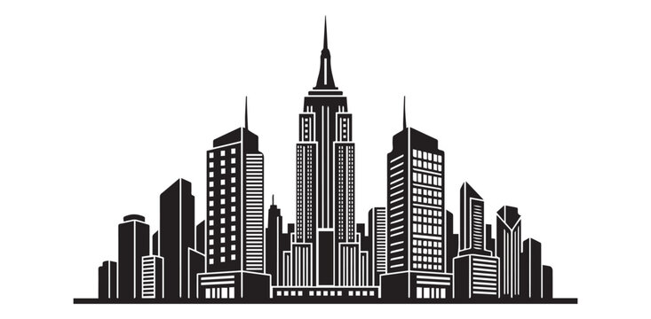 Black Silhouette of a Modern City Skyline with Tall Skyscrapers and a Central Iconic Tower