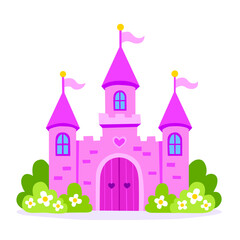 Fototapeta premium Adorable pink princess castle, simple flat vector cartoon style. Colorful fairytale illustration for childrens books, nursery decor, stickers, games and fantasy-themed projects, educational materials